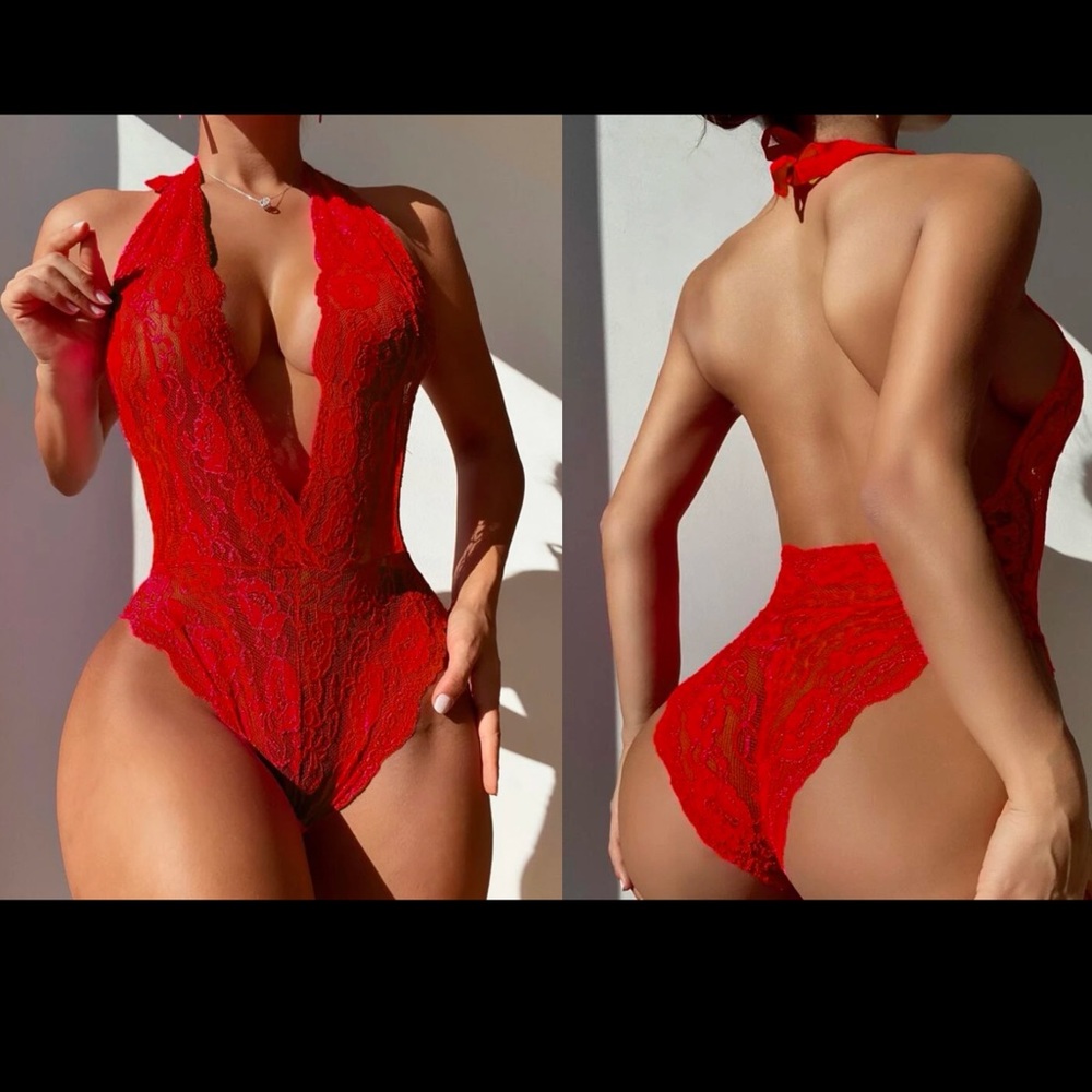 Sexy Red lace lingerie bodysuit teddy halter honeymoon onesie see thru valentine